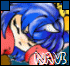 Blue-haired character with red collar and yellow background, head tilted down, 'NRM' text visible on chest.