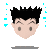 Pixelated cartoon head with spiky black hair, light skin tone, and gray eyes; cyan square particles float around the figure against a solid gray background.