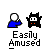 Pixel art buddy icon with two characters: a blue-shirted figure and a black star-shaped character with red eyes, labeled 'Easily Amused' below.