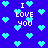 Blue background with scattered cyan pixel hearts and repeated 'I LOVE YOU' text in white block letters.