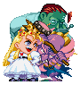 Pixel art of a blonde girl in a white dress with red accents, holding a purple flower, standing in front of a green zombie-like figure with red hair and a blue background.