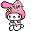 Pixelated character with pink bunny ears and a diamond-shaped headpiece, showing three distinct facial expressions