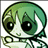 Pixelated cartoon character with green hair and large black eyes, holding a circular object in front of its face.