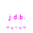 Pixelated pink text 'j.d.b.' above five small heart symbols on a white background.