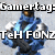 A pixelated image of a blue-armored character with text overlays including 'Gamertag: TeH FONZ', 'Level 46', and 'Brigadier' on the top half, and 'HALO 3' and 'FTW!' on the bottom half.