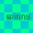 Pixelated green text 'spinnny' appears on two distinct background patterns: a blue-green checkerboard and an alternating diamond pattern, both in cyan and turquoise hues.
