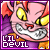 Animated pink devil with yellow eyes and red horns, mouth open showing teeth, text 'LIL' DEVIL' below on purple background.