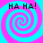 Four identical spiral patterns in cyan and magenta with 'HA HA!' text above each, arranged in a on a cyan background
