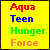 A 2x2 contact sheet of four animated frames from an Aqua Teen Hunger Force icon, featuring a yellow text box and three cartoon characters with distinct shapes and expressions against a brown background.