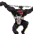 Pixelated figure in dynamic pose with arms raised, wearing dark body suit and colorful patterned chest armor against gray background.