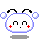 Four pixel-art frames of a white cartoon character with blue outline, black antennae, red cheeks, and changing mouth expressions on gray background.