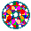 Four circular pixelated icons with teal borders, each containing a unique arrangement of multicolored geometric shapes on a gray background.