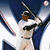 Pixelated image of a baseball player in a white uniform swinging a bat, with a blurred background showing a ball and stadium elements.