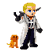 Pixel art character with blonde hair and blue eyes in white lab coat, dark pants, black gloves holding a small object; orange dog sits beside them on gray background.