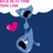 Pixelated blue character with black eyes and mouth floats in dark blue water, pink heart to left, white wave line at top.