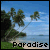 A beach scene with palm trees, blue sky, and ocean water under the word 'Paradise' in pixelated text.