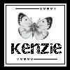 Black-and-white pixelated butterfly with dark wing edges and two small eyespots, positioned above stylized text reading 'kenzie' in blocky letters.