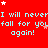 Red background with repeated cyan text "I will never fall for you again!" and scattered white and pink stars.