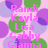 Pixelated pink text names over overlapping purple and green circles on a light pink background.