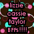 Dark brown background with overlapping pink and cyan circles and rings; four lines of pink text on black rectangles reading lizzie cassie taylor BFFs!!!!