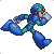 A contact sheet of 11 pixel art frames showing a blue armored character in various running and shooting poses against a gray background.