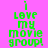 Green pixelated text 'i love my movie group!' on pink background with blue horizontal bars shifting across the image.