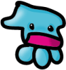 Blue cartoon character with black outline, pink mouth covering, and four rounded feet; two of three identical icons each