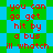 Red text on a blue and green checkered background with repeated phrases and a pixelated style.