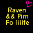 Pixelated yellow text on black background with pink heart symbol above, showing two identical side-by-side layouts of 'Raven & Pim Fo liiife' with slight text variations.