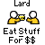 Pixelated animation of two yellow-shirted figures exchanging items with text "Eat Stuff For $$" below each frame.