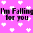 Pixelated text 'I'm Falling for you' repeats across a bright pink background with scattered white heart shapes.