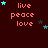 Dark red background with repeated 'live peace love' text in pink, scattered cyan and dark gray stars, and a gray rectangle in the bottom-right corner.