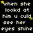 Black background with white pixelated text repeating 'when she lookt at him u cud see her eyes shine' and scattered yellow stars, one gray square in bottom-right corner.