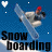 Pixelated snowboarding scene with a person on a board, blue background, and changing heart symbols above.