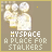 identical pixelated icons showing three figures with light hair against a brown background, each labeled "MYSPACE A PLACE FOR STALKERS" with yellow and white text