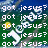 Pixelated text 'got jesus?' repeats across a green and blue background with white and yellow accents, featuring a white curved shape and a yellow circular element.
