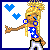 A 4x4 contact sheet of a pixel art animated icon featuring a blonde cartoon character with blue star-patterned top and white pants, surrounded by hearts in various states across frames.