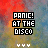 Pixelated text 'PANIC! AT THE DISCO' in bold black and white block letters over a blurred multicolored background with four small white shapes below.