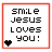 Pixelated of nine square with red borders, each containing "smile Jesus loves you!" text and a heart symbol in varying colors