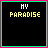 A 5x5 contact sheet of pixelated animated frames showing text changes from "MV PARADISE" and "ISNT ON A BEACH" to "ITS IN HIS ARMS" with color variations on a black background.