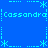 Blue background with cyan pixelated text 'Cassandra' repeated horizontally and vertically, framed by asterisk-like symbols and dotted lines.