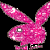 Pink glittery bunny head with gray eyes and brown feet on black background, three views showing different angles.