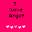 Bright pink background with black text reading "I Love Argo!!" and five pixelated hearts below, where the third heart changes color between frames.