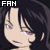 Pixelated anime-style character with black hair and pink eyes, repeated in a pattern with 'FAN' text above each instance