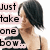 Pixelated image of a person with short dark hair wearing a sleeveless top, next to pink text boxes reading "Just take one bow..." on white background.