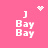 Pink background with white pixelated text "Bay Bay" and bracket symbols, featuring animated heart and starburst effects.