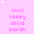 A static image with a light pink background featuring white stars and repeated text names in purple pixelated font.