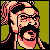 Pixelated static icon of a bearded character with glasses and long hair against a green background, rendered in pink, black, and beige tones.
