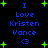 Blue text on black background with green plus signs, displaying 'I Love Kristen Vance <3' in two vertical with repeated text and symbols