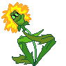 Pixelated green flower with yellow petals and a smiling face, shown in multiple poses including upright, bent over, and heart-shaped leaf formations.